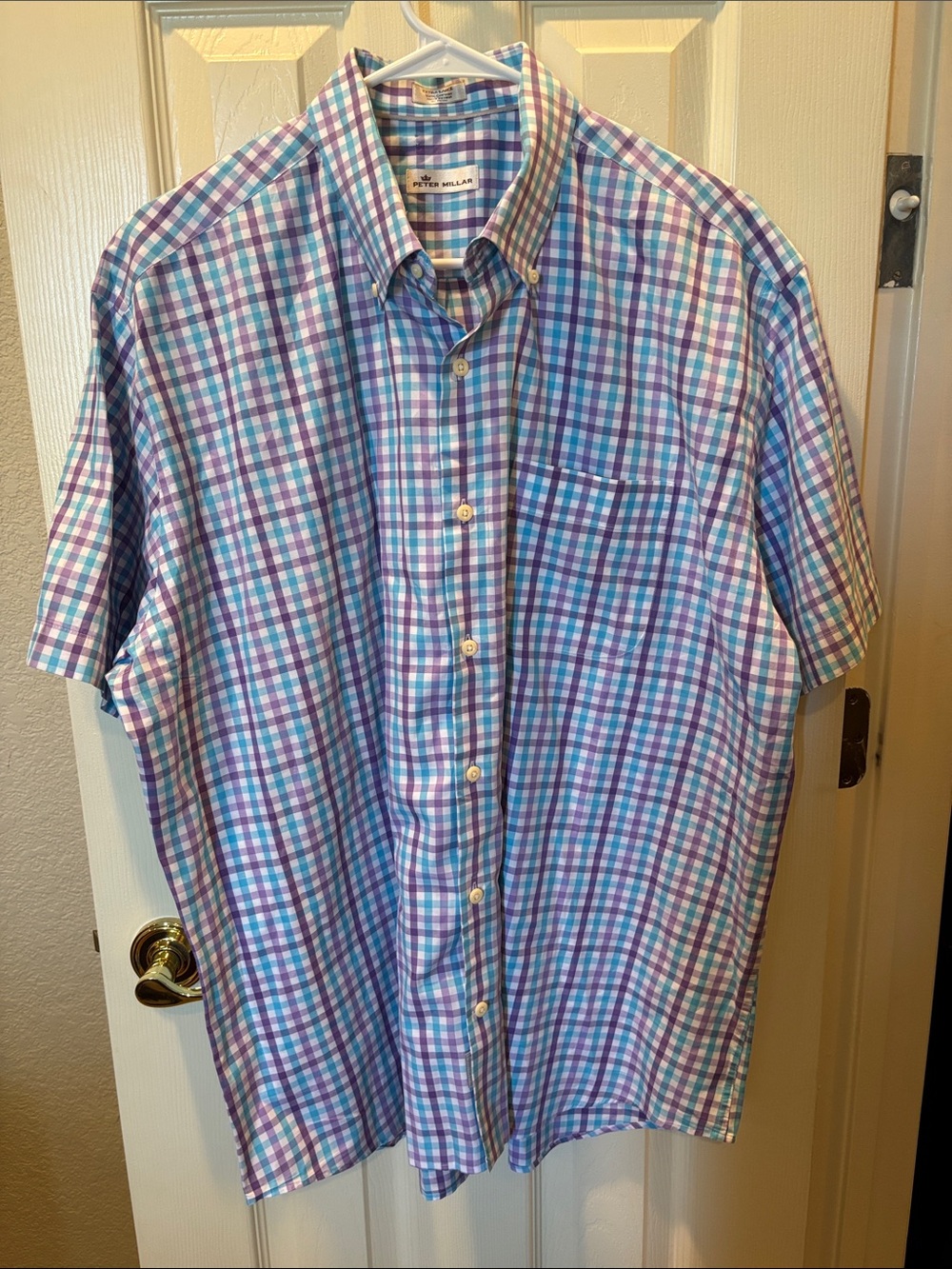 Peter Millar Men's Short Sleeve Plaid Button Down Shirt Purple Blue XL